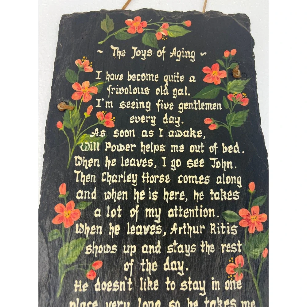 Vintage Hand Painted Slate Wall Hanging Joys of Aging Signed Farmhouse Decor